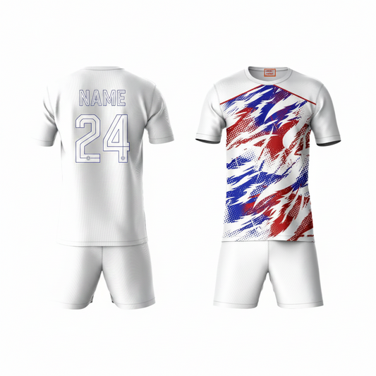 Blue red activewear t-shirt with white shorts back view