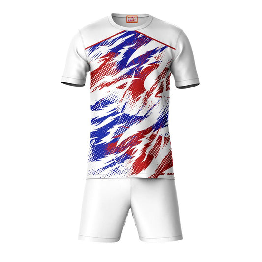 Blue red sports t-shirt with white shorts co-ord set front view