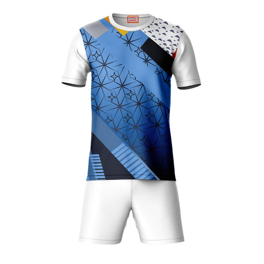 Blue round neck half sleeve sports t-shirt with white shorts co-ord set front view