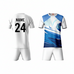 Blue activewear t-shirt with white shorts back view