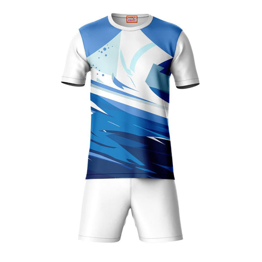 Blue round neck sports t-shirt with white shorts co-ord set front view