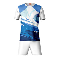 Blue round neck sports t-shirt with white shorts co-ord set front view