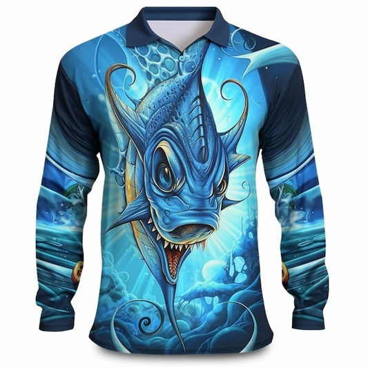 Next Print A blue shirt with a large fish on it jersey.