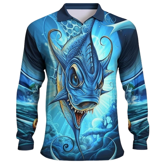 Next Print A blue shirt with a large fish on it jersey.