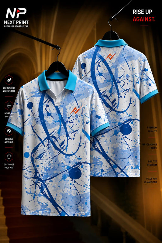 White polo sports jersey with blue abstract paint splash and brushstroke graphics shown in front and back views, made from premium dry-fit performance fabric.