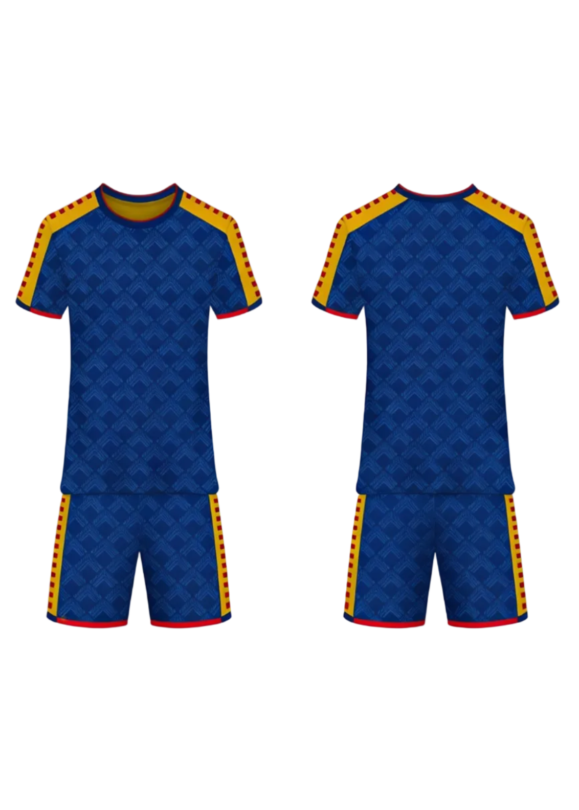 Custom blue sports jersey and shorts with yellow and red accents personalized team uniform India