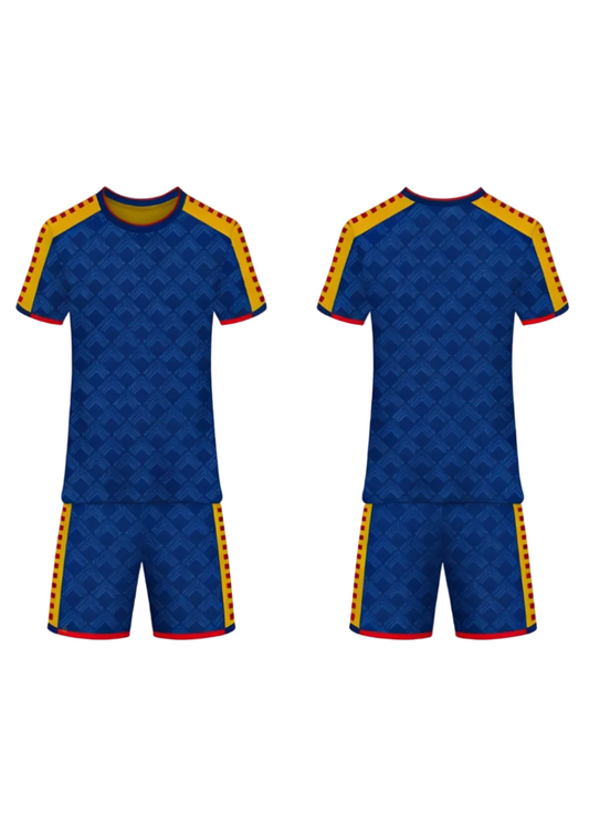 Custom blue sports jersey and shorts with yellow and red accents personalized team uniform India