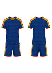 Custom blue sports jersey and shorts with yellow and red accents personalized team uniform India