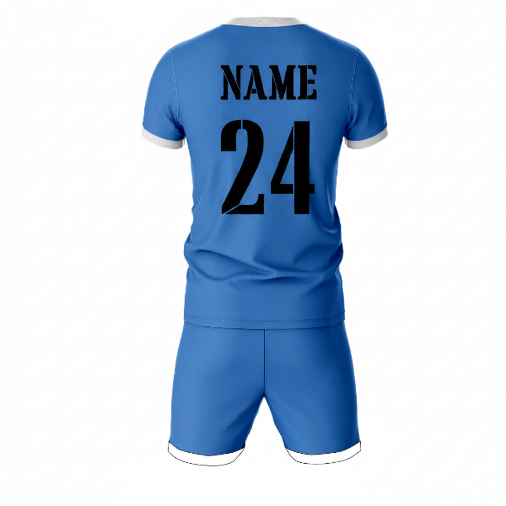 Blue athletic sports jersey with shorts back side view