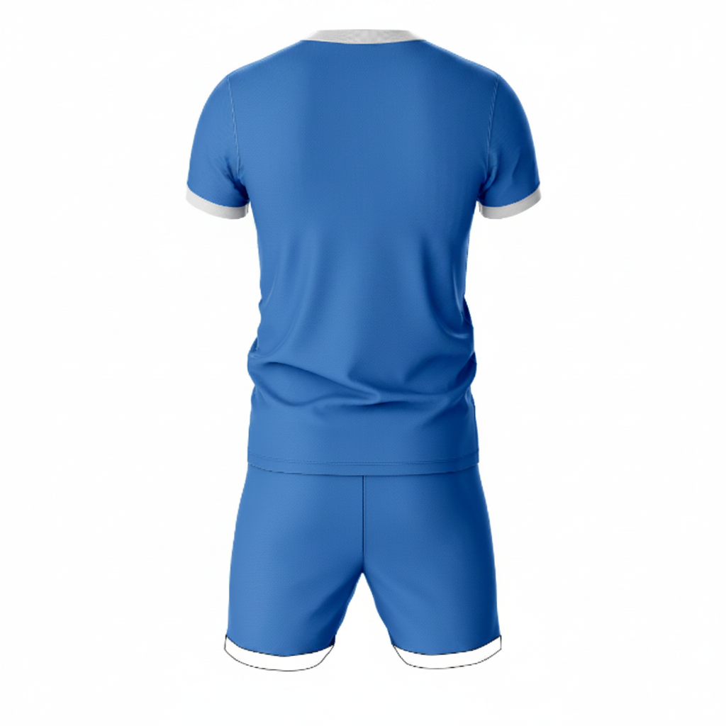 Premium blue sportswear jersey and shorts set side angle view