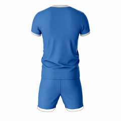 Premium blue sportswear jersey and shorts set side angle view