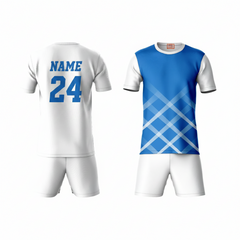 Blue athletic sports t-shirt with white shorts back side view