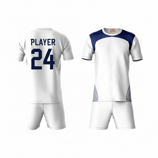 Blue athletic sports t-shirt with white shorts back side view
