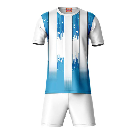 Blue vertical pattern sports t-shirt with white shorts coord set front view for men
