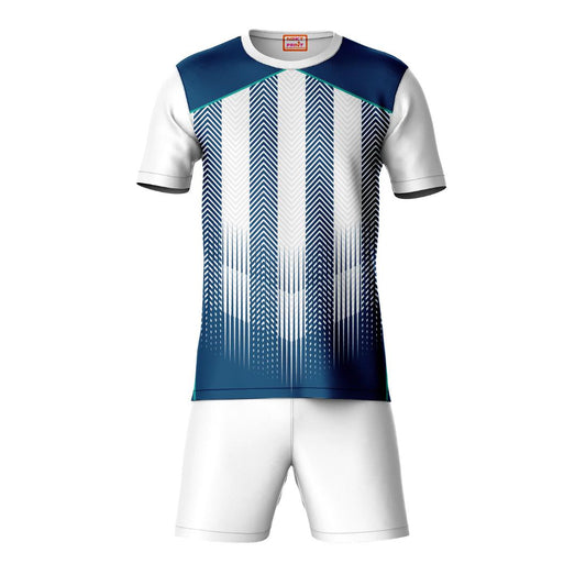 Blue vertical striped sports t-shirt with white shorts co-ord set front view