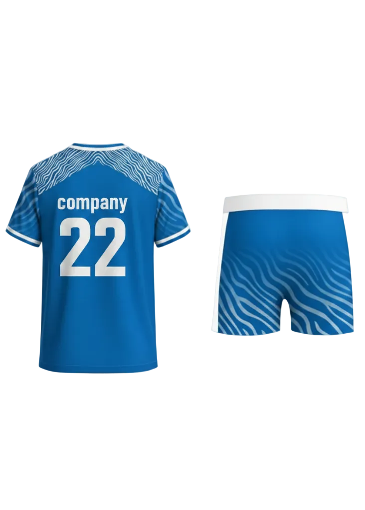Blue custom sports jersey with white wave pattern on shoulders and matching shorts, back view design for cricket and football team uniforms in India