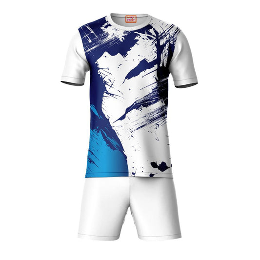 Blue white abstract sports t-shirt with white shorts coord set front view for men