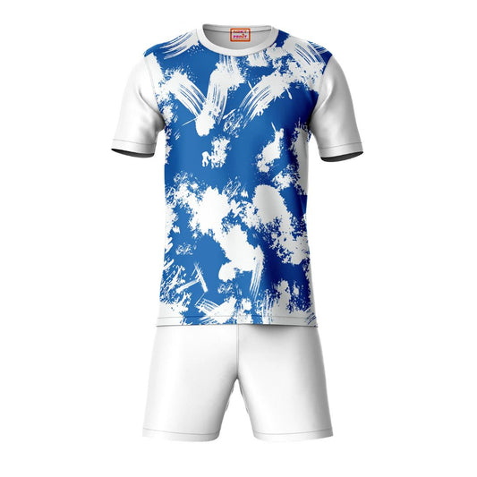 Blue white abstract sports t-shirt with white shorts co-ord set front view