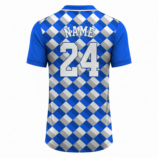 Blue white gaming polo jersey back side with custom gamer name
