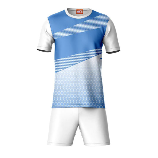 Blue white geometric pattern sports t-shirt with white shorts co-ord set front view