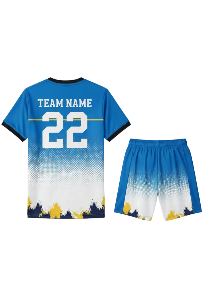 Blue and white gradient sports jersey with matching shorts and paint splash design for cricket, football and volleyball team uniforms in India