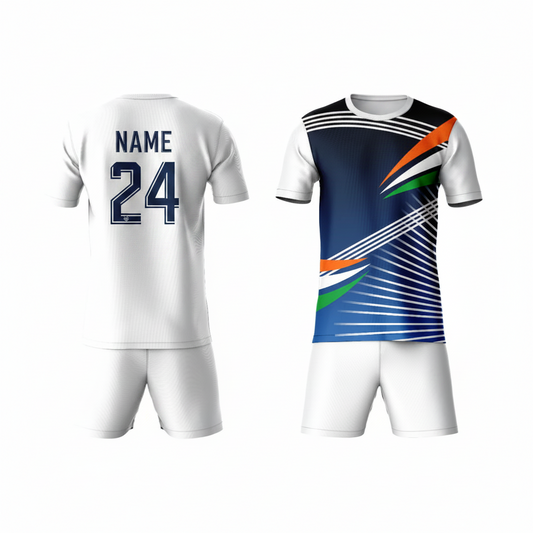 Blue white green geometric pattern activewear t-shirt with white shorts back view