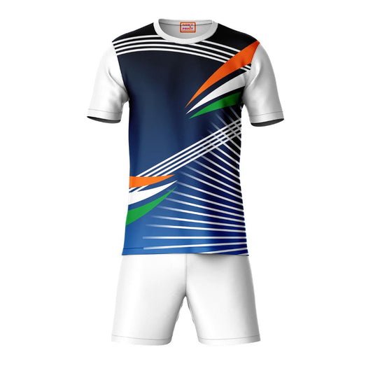 Blue white green geometric pattern sports t-shirt with white shorts co-ord set front view