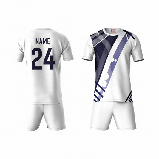 Blue white grey abstract pattern activewear t-shirt with white shorts back view