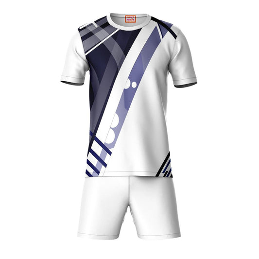 Blue white grey abstract pattern sports t-shirt with white shorts co-ord set front view