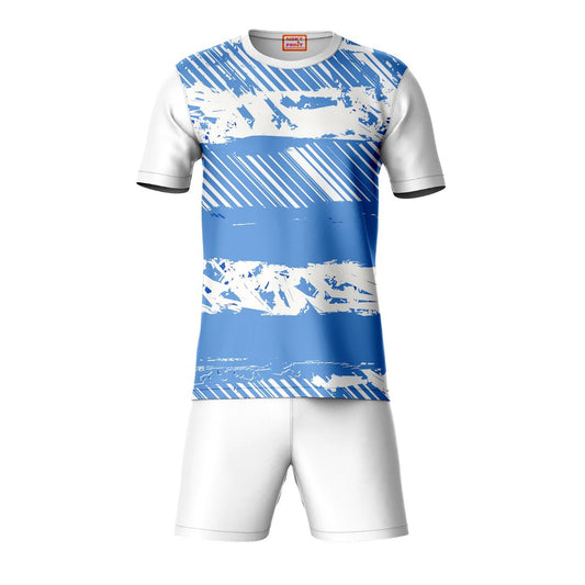 Blue white horizontal striped sports t-shirt with white shorts co-ord set front view