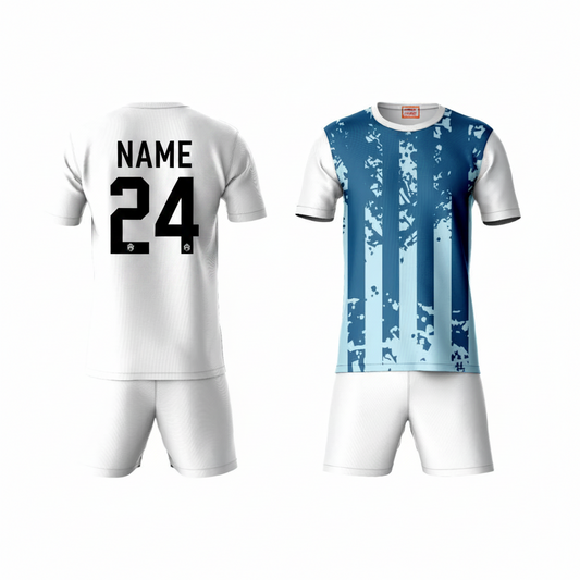 Blue white leaf pattern activewear t-shirt with white shorts back view