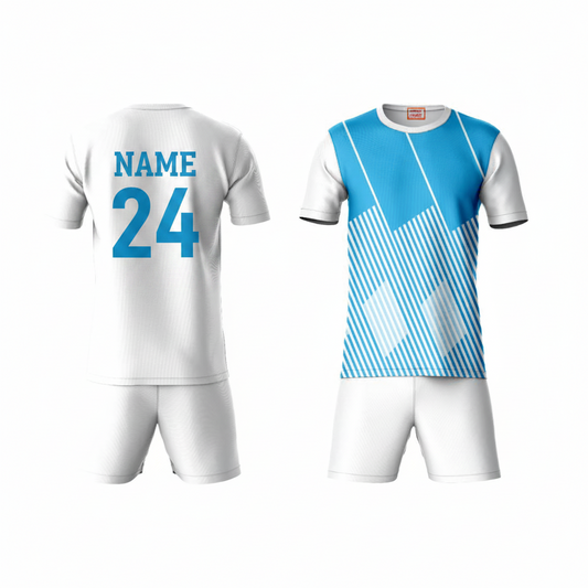 Blue white activewear t-shirt with white shorts back view
