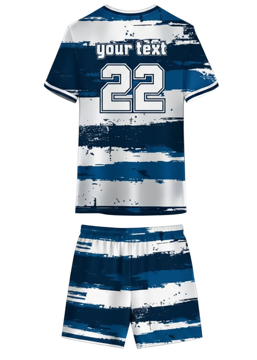 Blue and white striped custom sports jersey with shorts, personalized name and number design for team uniforms in India