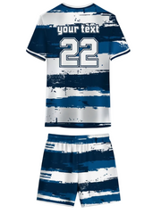 Blue and white striped custom sports jersey with shorts, personalized name and number design for team uniforms in India