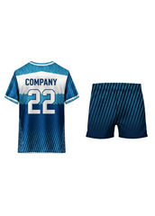Blue and white custom sports jersey with striped gradient pattern and matching shorts for cricket, football and volleyball team uniforms in India