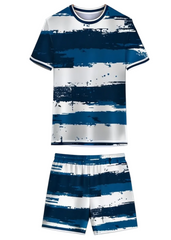 Blue and white striped sports jersey with shorts custom football kit India breathable team uniform