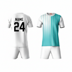 Blue white vertical stripe activewear t-shirt with white shorts back view