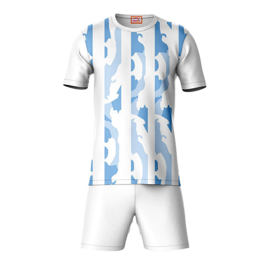 Blue white vertical stripe sports t-shirt with white shorts co-ord set front view