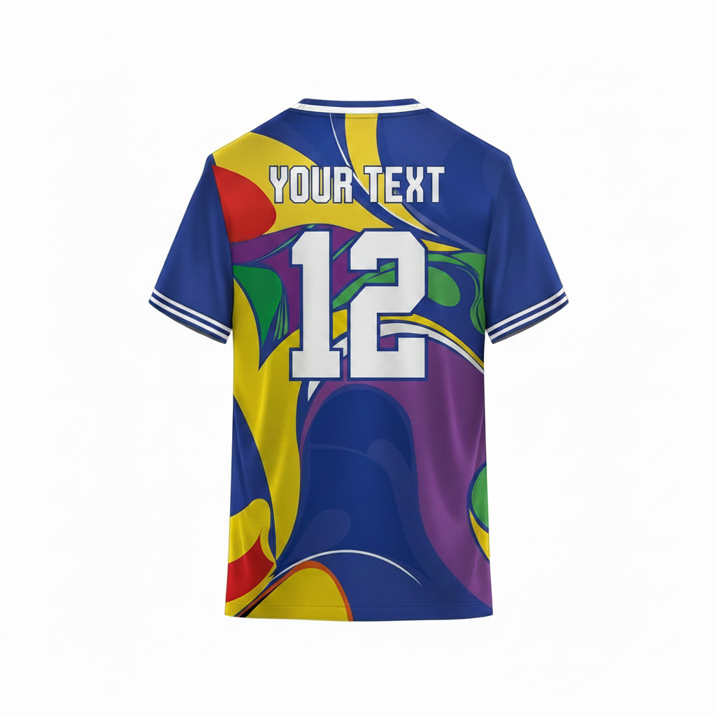 Blue and yellow abstract sports t-shirt back design with colorful artistic wave pattern for custom sublimation team jersey printing by NextPrint India