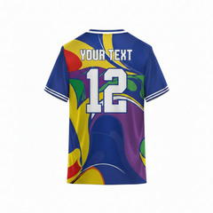 Blue and yellow abstract sports t-shirt back design with colorful artistic wave pattern for custom sublimation team jersey printing by NextPrint India