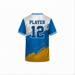 Blue and white custom sports jersey back view with yellow brush stroke splash design for cricket football volleyball and esports team uniforms by NextPrint