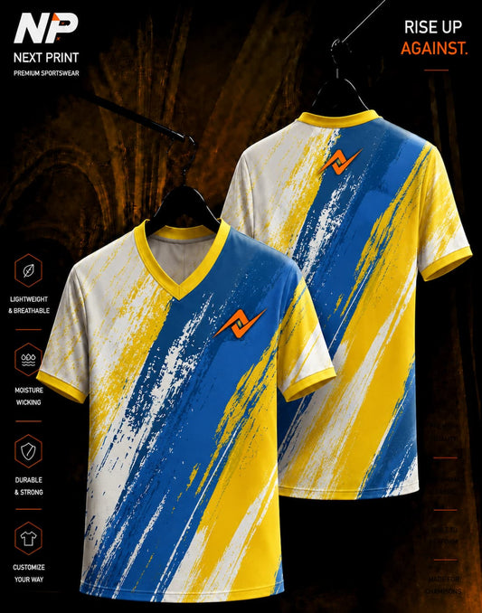 Blue yellow and white brush stroke sublimation V-neck custom sports jersey by Next Print with front and back view