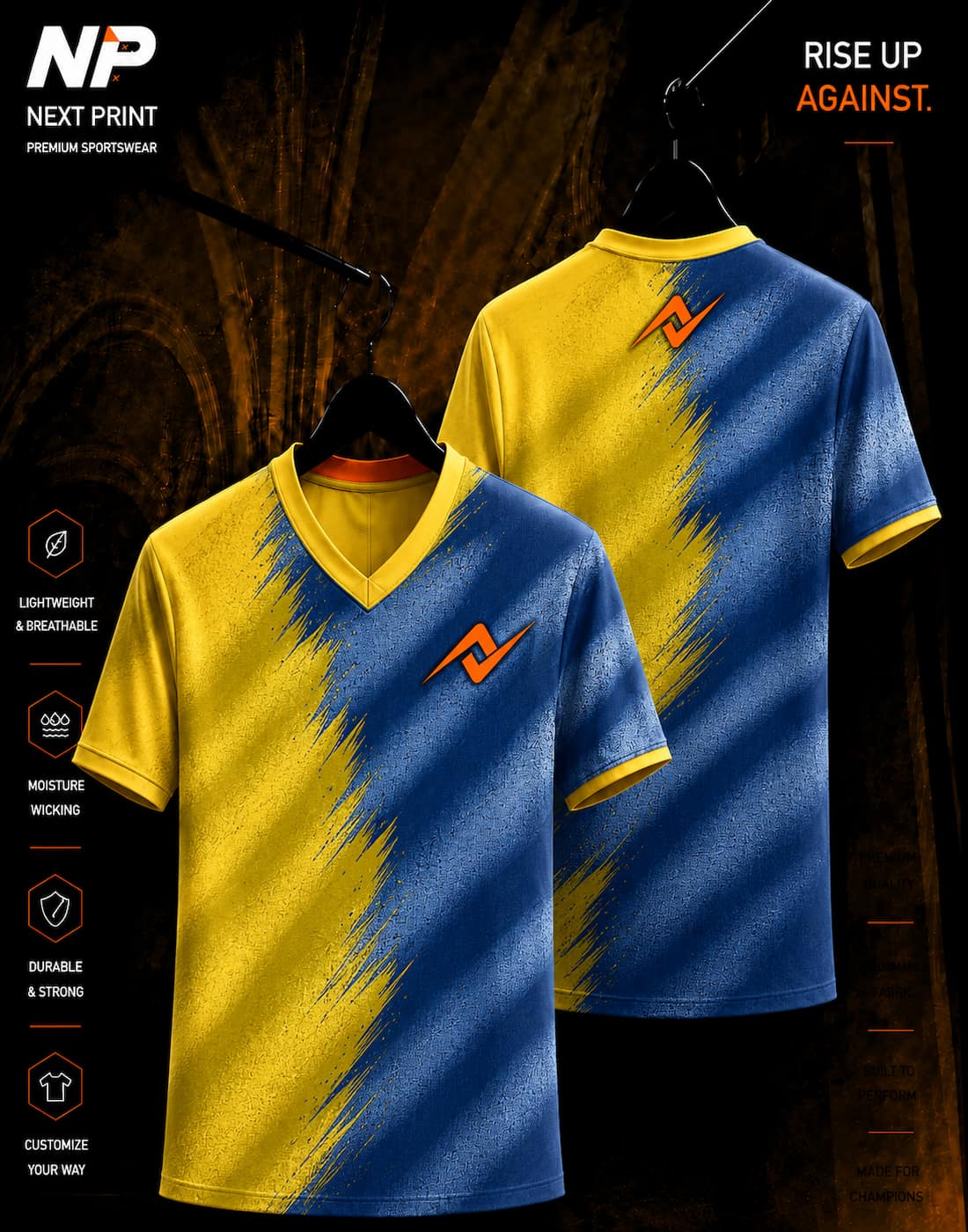 Blue and yellow brush stroke sublimation V-neck sports jersey front and back by Next Print