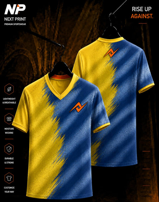 Blue and yellow brush stroke sublimation V-neck sports jersey front and back by Next Print