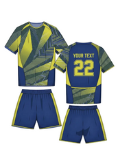 Blue and yellow geometric pattern sports jersey with matching shorts front and back view custom football and cricket team uniform