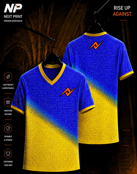 Blue and yellow gradient sublimation V-neck custom sports jersey front and back by Next Print