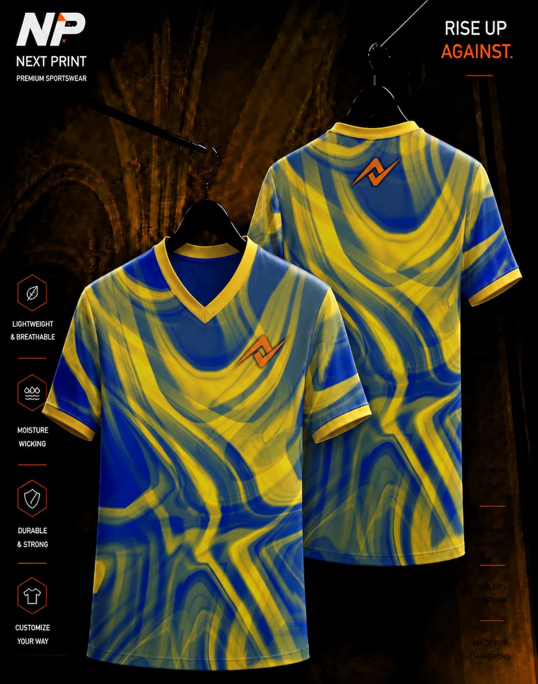 Blue and yellow abstract liquid wave sublimation V-neck sports jersey front and back by Next Print