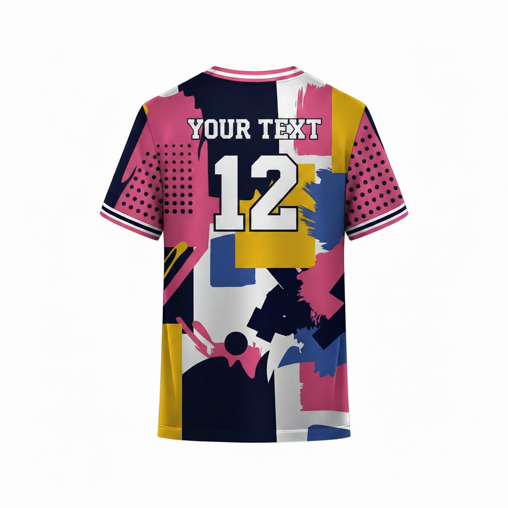 Blue, yellow, and orange sports t-shirt back design with modern diagonal stripe pattern for custom sublimation team jersey printing by NextPrint India.