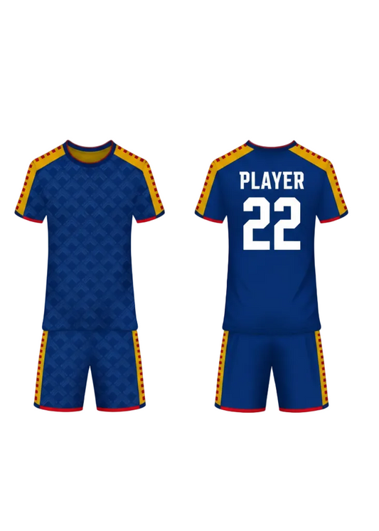 Blue custom sports jersey with yellow and red accents and matching shorts, front and back view with player name and number for team uniforms in India