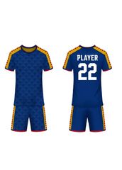 Blue custom sports jersey with yellow and red accents and matching shorts, front and back view with player name and number for team uniforms in India